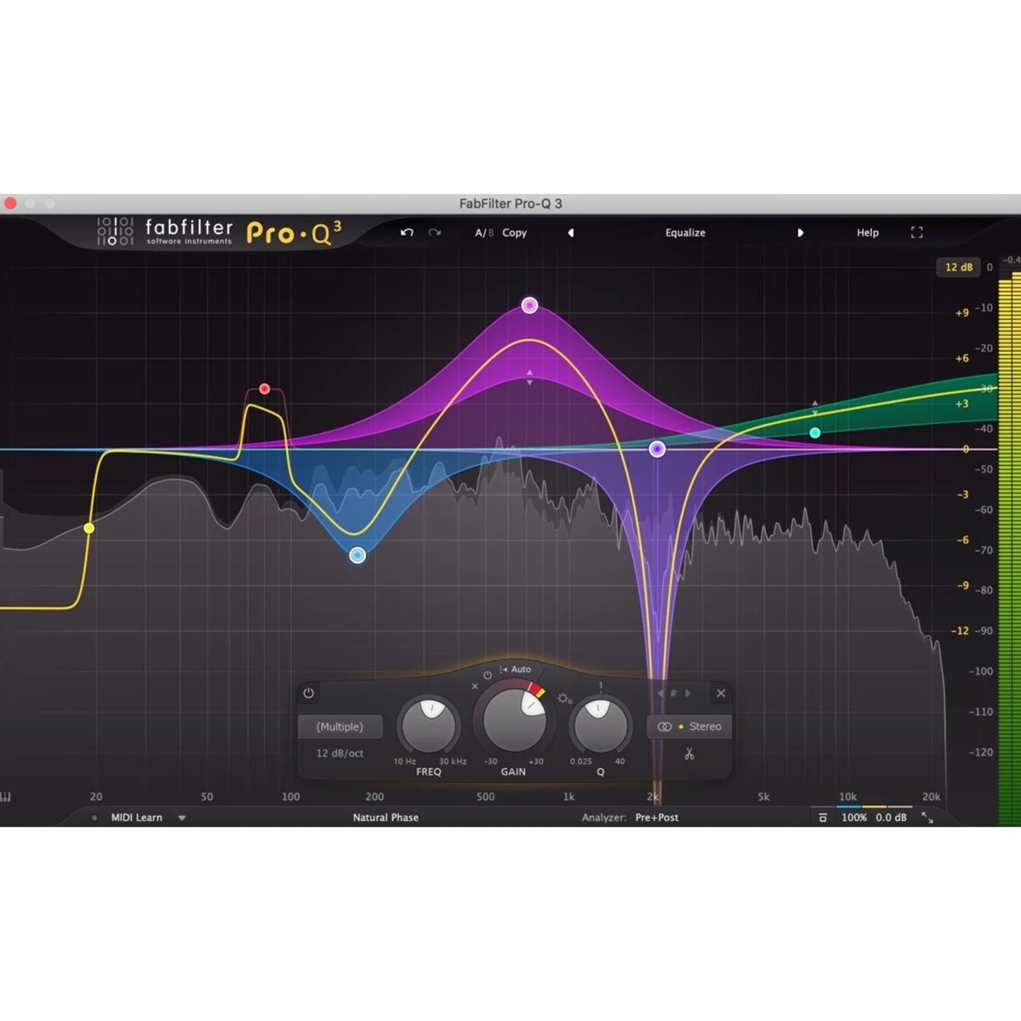 FabFilter Total Bundle sound editing software interface showing Pro-Q3 equalizer with colorful frequency curves