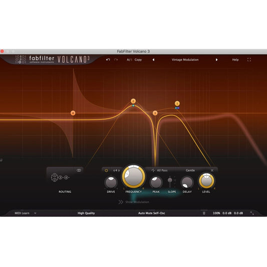 SoundMaxi FabFilter Total Bundle sound editing software interface showing FabFilter Volcano 3 plugin with modulation controls